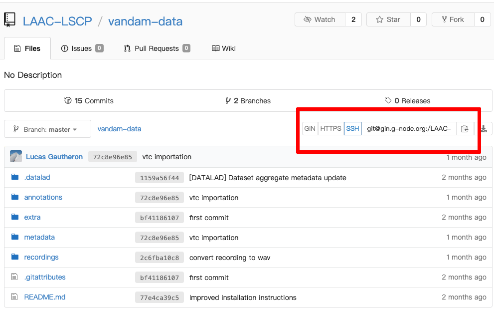 Where to find the SSH url of a dataset on GIN